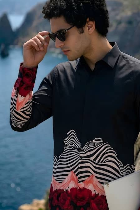 Shop MR. Ajay Kumar Black Cotton Wave Print Shirt Online at Aza Fashions Shop_MR. Ajay Kumar_Black Cotton Wave Print Shirt _Online_at_Aza_Fashions