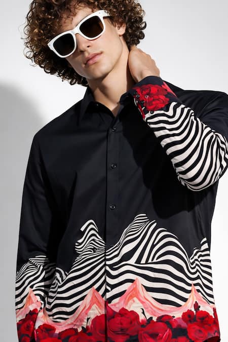 Shop MR. Ajay Kumar Black Cotton Wave Print Shirt Shop_MR. Ajay Kumar_Black Cotton Wave Print Shirt