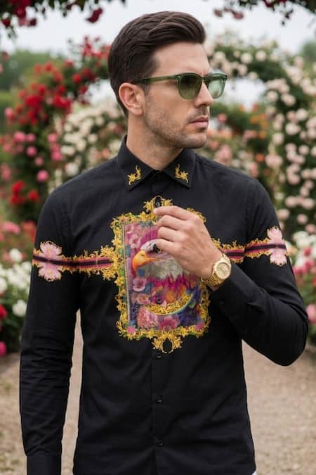 MR. Ajay Kumar_Black Cotton Eagle Print Shirt _Online_at_Aza_Fashions