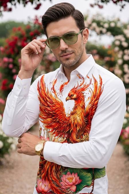 MR. Ajay Kumar_White Cotton Falcon Print Shirt _Online_at_Aza_Fashions
