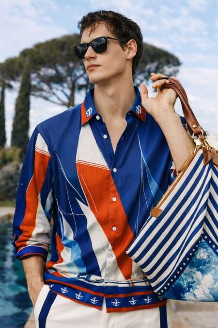 MR. Ajay Kumar Multi Color Cotton Skipper Nautical Print Shirt at Aza Fashions MR. Ajay Kumar_Multi Color Cotton Skipper Nautical Print Shirt _at_Aza_Fashions