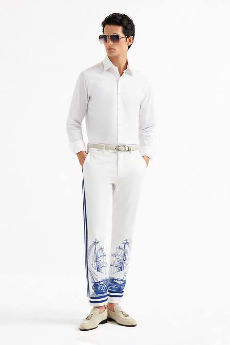 Buy MR. Ajay Kumar White Cotton Sailor Print Trouser Online at Aza Fashions Buy_MR. Ajay Kumar_White Cotton Sailor Print Trouser _Online_at_Aza_Fashions