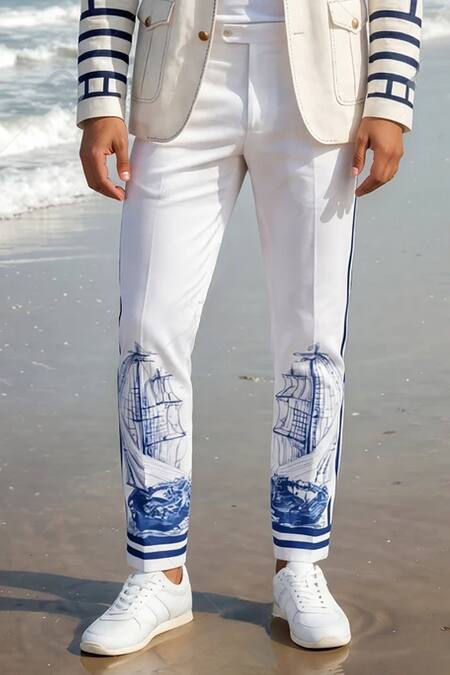 Shop MR. Ajay Kumar White Cotton Sailor Print Trouser Online at Aza Fashions Shop_MR. Ajay Kumar_White Cotton Sailor Print Trouser _Online_at_Aza_Fashions