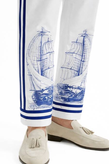 MR. Ajay Kumar White Cotton Sailor Print Trouser at Aza Fashions MR. Ajay Kumar_White Cotton Sailor Print Trouser _at_Aza_Fashions