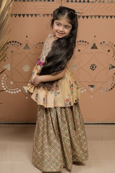 Tiny Colour_Beige Silk Embroidery, Tassels Printed Peplum Kurta And Sharara Set _Online_at_Aza_Fashions