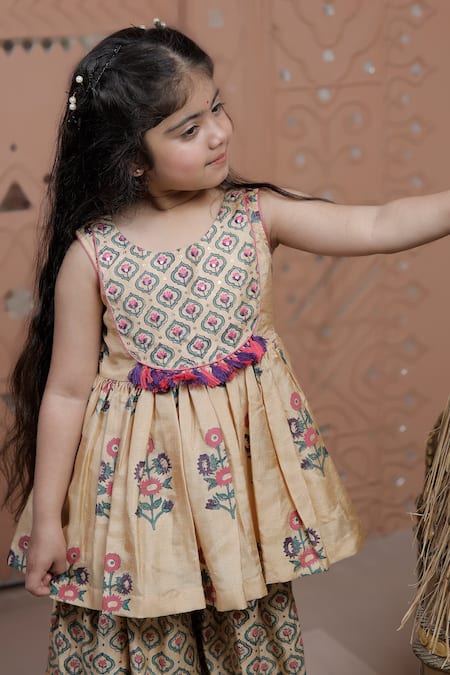 Buy_Tiny Colour_Beige Silk Embroidery, Tassels Printed Peplum Kurta And Sharara Set _Online_at_Aza_Fashions