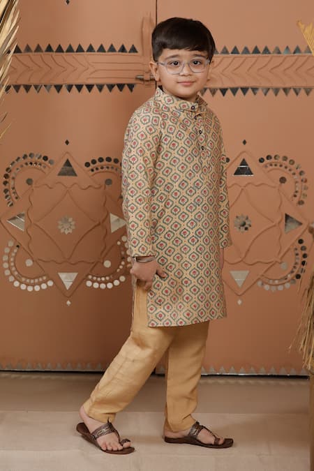 Buy_Tiny Colour_Beige Silk, Cotton Floral Jaal Print Kurta Set _Online_at_Aza_Fashions