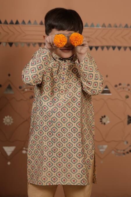 Buy_Tiny Colour_Beige Silk, Cotton Floral Jaal Print Kurta Set 