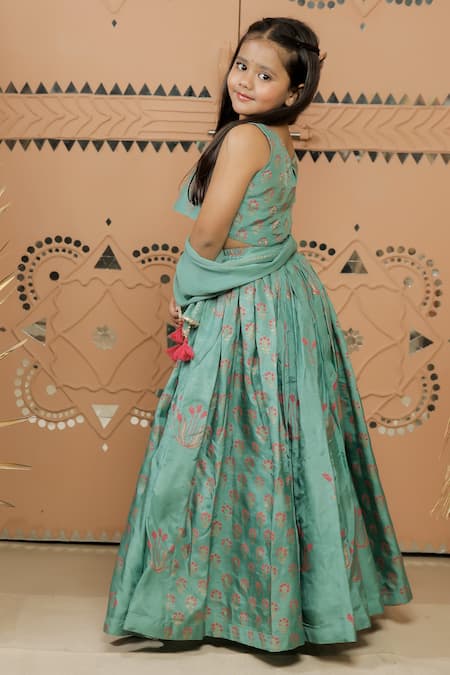 Tiny Colour_Green Silk, Chiffon Tassels Floral Block Print Lehenga Set _Online_at_Aza_Fashions