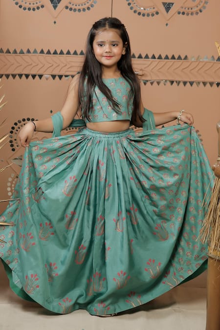Shop_Tiny Colour_Green Silk, Chiffon Tassels Floral Block Print Lehenga Set _Online_at_Aza_Fashions
