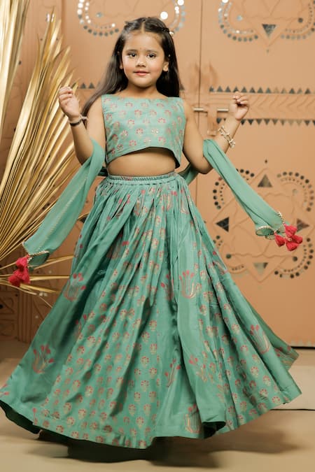 Tiny Colour_Green Silk, Chiffon Tassels Floral Block Print Lehenga Set _at_Aza_Fashions