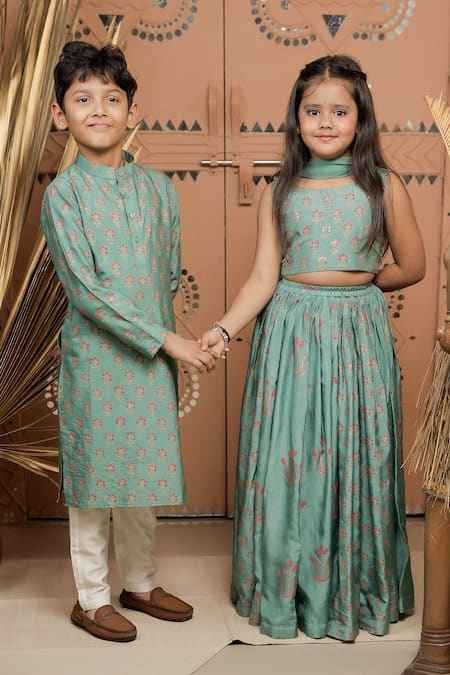 Shop_Tiny Colour_Green Silk, Chiffon Tassels Floral Block Print Lehenga Set 