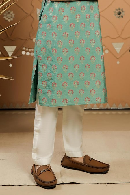 Tiny Colour_Green Silk, Cotton Floral Block Print Kurta Set _Online_at_Aza_Fashions
