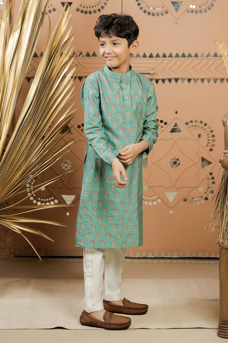 Buy_Tiny Colour_Green Silk, Cotton Floral Block Print Kurta Set _Online_at_Aza_Fashions