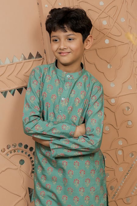 Shop_Tiny Colour_Green Silk, Cotton Floral Block Print Kurta Set _Online_at_Aza_Fashions
