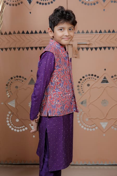 Buy_Tiny Colour_Purple Modal Floral Print Nehru Jacket And Kurta Set _Online_at_Aza_Fashions