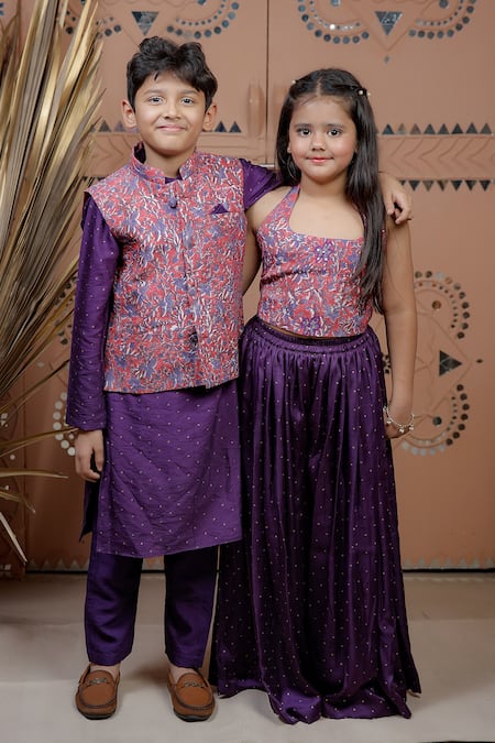 Tiny Colour_Purple Modal Floral Print Nehru Jacket And Kurta Set _at_Aza_Fashions