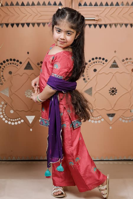 Buy_Tiny Colour_Pink Silk, Georgette Tassels, Lace Floral Block Print Kurta Pyjama Set _Online_at_Aza_Fashions