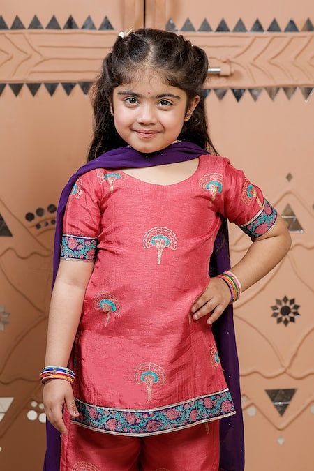 Shop_Tiny Colour_Pink Silk, Georgette Tassels, Lace Floral Block Print Kurta Pyjama Set _Online_at_Aza_Fashions