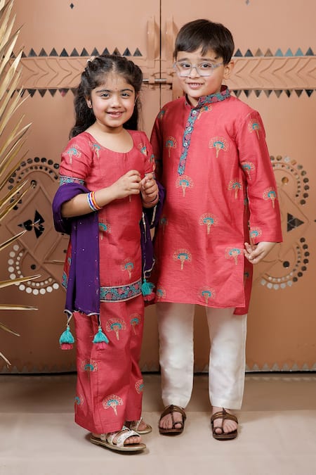 Tiny Colour_Pink Silk, Georgette Tassels, Lace Floral Block Print Kurta Pyjama Set _at_Aza_Fashions