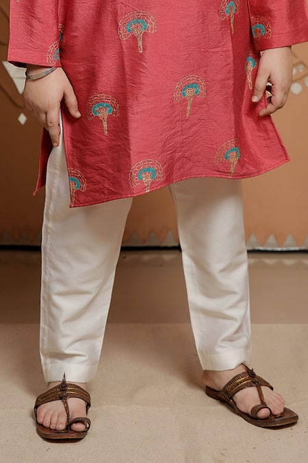 Tiny Colour_Pink Silk, Cotton Floral Block Print Kurta And Pyjama Set _Online_at_Aza_Fashions
