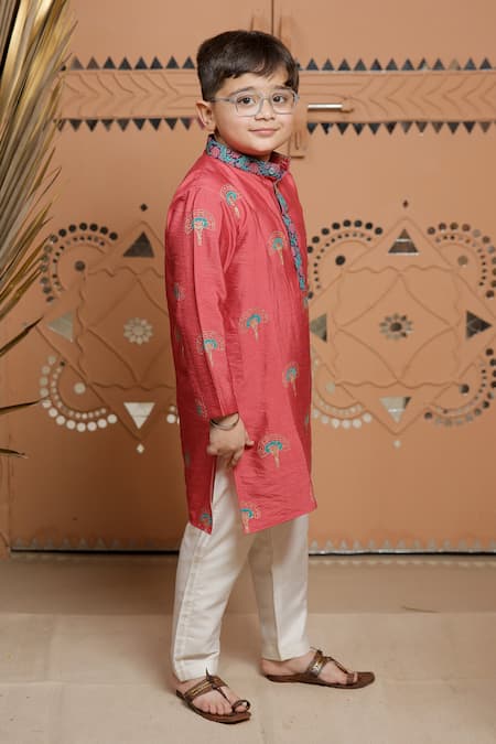 Buy_Tiny Colour_Pink Silk, Cotton Floral Block Print Kurta And Pyjama Set _Online_at_Aza_Fashions
