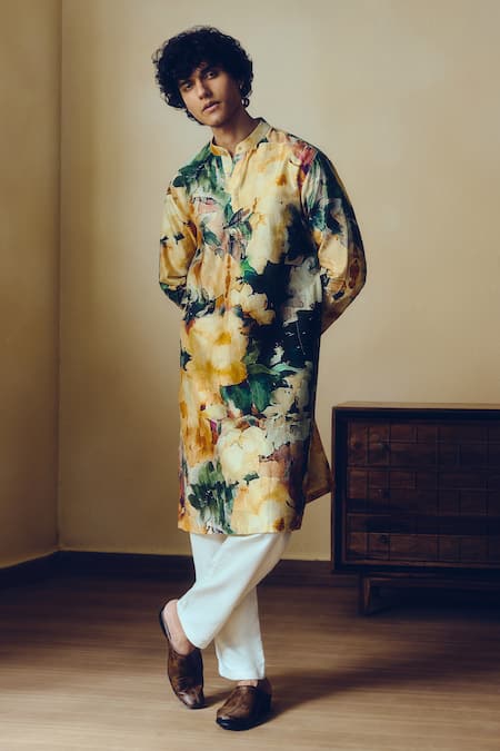 Studio 113_Multi Color Silk, Chanderi Abstract Print Kurta _Online_at_Aza_Fashions