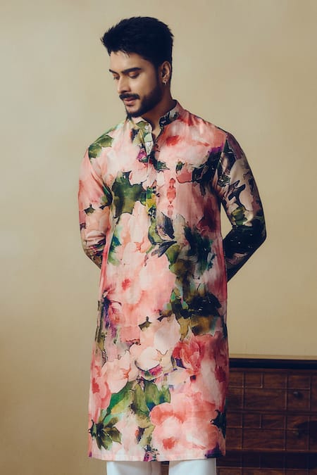 Studio 113 Pink Silk, Chanderi Abstract Print Ruby Kurta Online at Aza Fashions Studio 113_Pink Silk, Chanderi Abstract Print Ruby Kurta _Online_at_Aza_Fashions