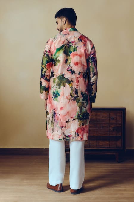 Shop Studio 113 Pink Silk, Chanderi Abstract Print Ruby Kurta at Aza Fashions Shop_Studio 113_Pink Silk, Chanderi Abstract Print Ruby Kurta _at_Aza_Fashions