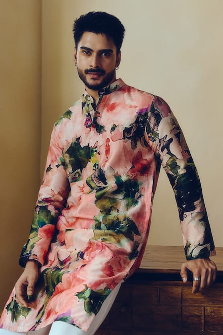 Buy Studio 113 Pink Silk, Chanderi Abstract Print Ruby Kurta at Aza Fashions Buy_Studio 113_Pink Silk, Chanderi Abstract Print Ruby Kurta _at_Aza_Fashions