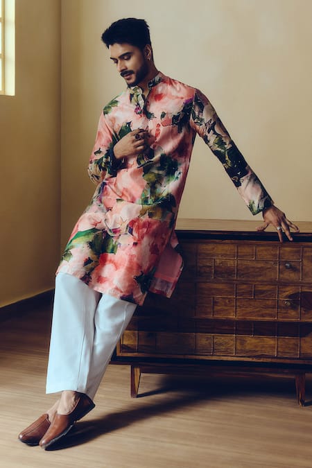 Shop Studio 113 Pink Silk, Chanderi Abstract Print Ruby Kurta Online at Aza Fashions Shop_Studio 113_Pink Silk, Chanderi Abstract Print Ruby Kurta _Online_at_Aza_Fashions