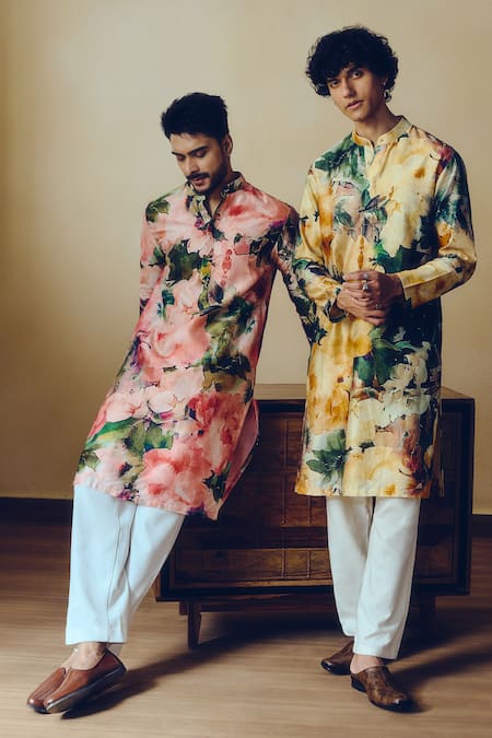 Studio 113 Pink Silk, Chanderi Abstract Print Ruby Kurta at Aza Fashions Studio 113_Pink Silk, Chanderi Abstract Print Ruby Kurta _at_Aza_Fashions