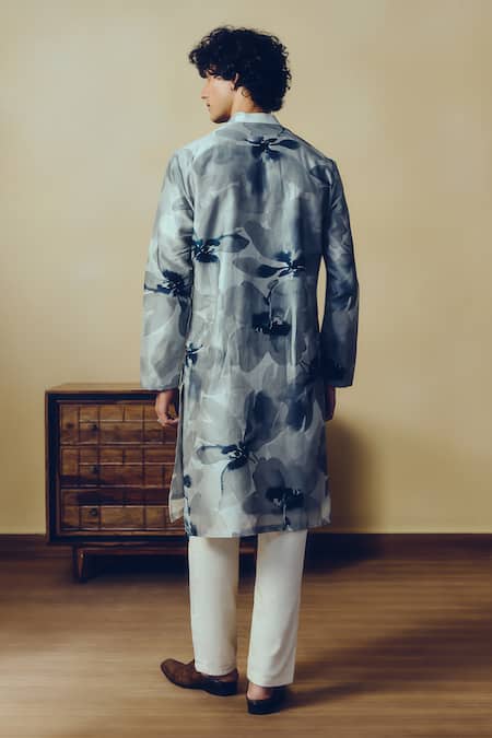 Shop Studio 113 Grey Silk, Chanderi Floral Print Lara Kurta at Aza Fashions Shop_Studio 113_Grey Silk, Chanderi Floral Print Lara Kurta _at_Aza_Fashions
