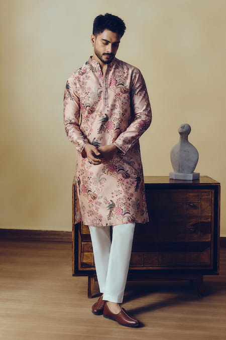Studio 113_Pink Silk, Chanderi Chintz Print Alka Kurta _Online_at_Aza_Fashions