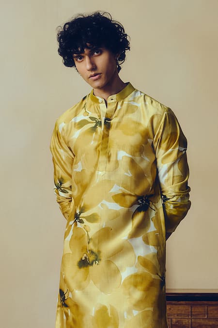 Buy Studio 113 Yellow Silk, Chanderi Floral Print Kurta Online at Aza Fashions Buy_Studio 113_Yellow Silk, Chanderi Floral Print Kurta _Online_at_Aza_Fashions