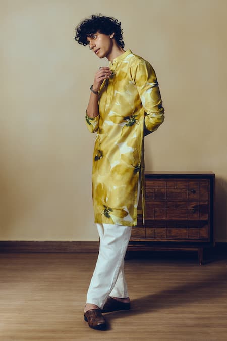Shop Studio 113 Yellow Silk, Chanderi Floral Print Kurta at Aza Fashions Shop_Studio 113_Yellow Silk, Chanderi Floral Print Kurta _at_Aza_Fashions