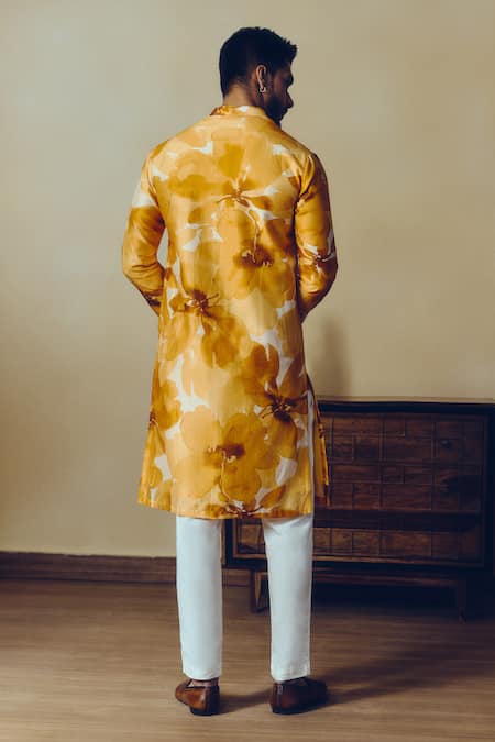 Shop Studio 113 Yellow Silk, Chanderi Floral Print Lara Kurta at Aza Fashions Shop_Studio 113_Yellow Silk, Chanderi Floral Print Lara Kurta _at_Aza_Fashions