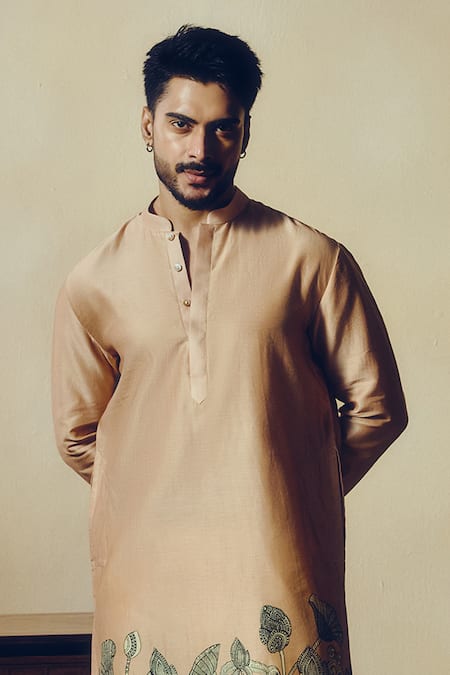 Studio 113_Pink Silk, Chanderi Embroidery Kurta _Online_at_Aza_Fashions