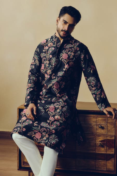 Shop_Studio 113_Black Silk, Chanderi Chintz Print Alka Kurta _Online_at_Aza_Fashions