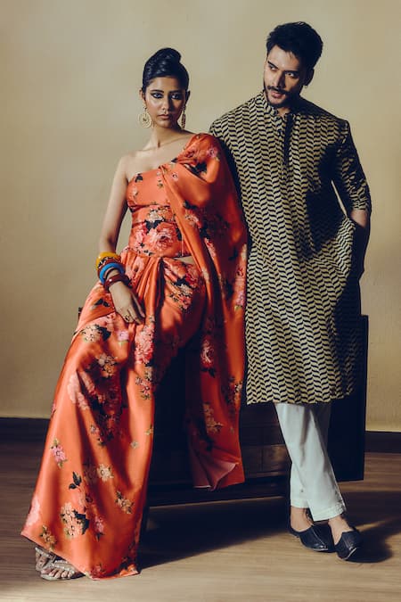 Shop_Studio 113_Black Silk, Chanderi Chevron Print Kurta _Online_at_Aza_Fashions