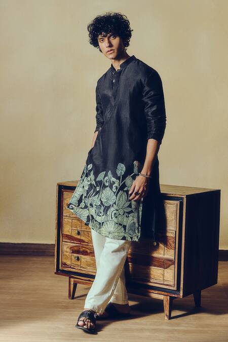 Shop Studio 113 Black Silk, Chanderi Kantha Print Kurta Online at Aza Fashions Shop_Studio 113_Black Silk, Chanderi Kantha Print Kurta _Online_at_Aza_Fashions