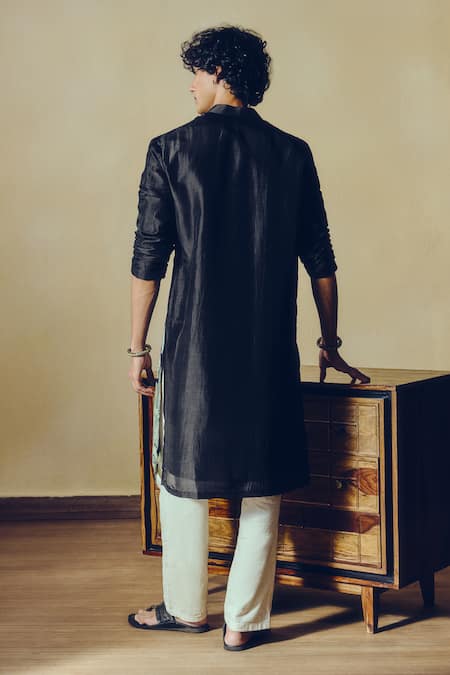 Shop Studio 113 Black Silk, Chanderi Kantha Print Kurta at Aza Fashions Shop_Studio 113_Black Silk, Chanderi Kantha Print Kurta _at_Aza_Fashions