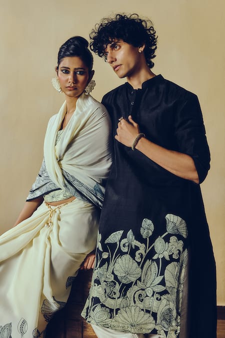 Studio 113 Black Silk, Chanderi Kantha Print Kurta at Aza Fashions Studio 113_Black Silk, Chanderi Kantha Print Kurta _at_Aza_Fashions