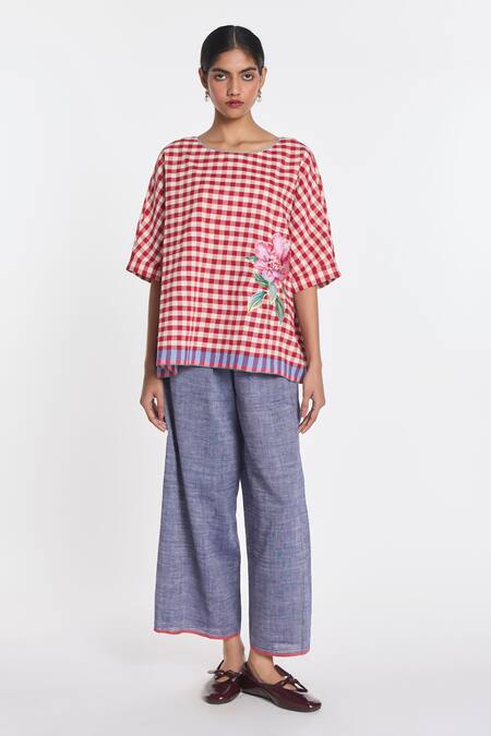 Shop_Payal Pratap_Blue Cotton, Linen Cosmos Elasticated Trouser _Online_at_Aza_Fashions