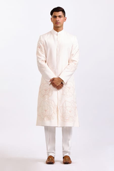 Agraj Jain Pink Rose Embroidered Sherwani Set 