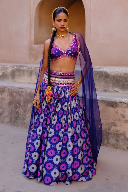 Drishti & Zahabia Aarya Zardozi Ikat Print Lehenga Set 