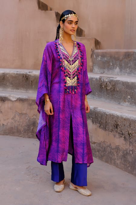 Drishti & Zahabia Aarya Shibori Ikat Print Kaftan & Pant Set 