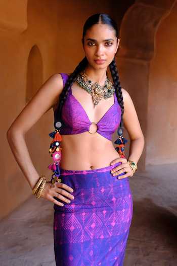 Shop_Drishti & Zahabia_Purple Silk, Dupion Sequins, Zari, Aarya Zardozi Ikat Print Top And Skirt Set _Online_at_Aza_Fashions