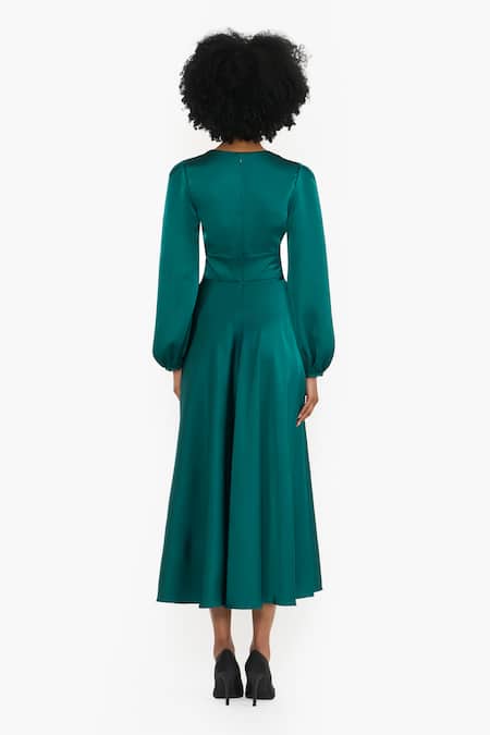 Gauri & Nainika Flowing Satin Puff Sleeve Dress With Belt 
