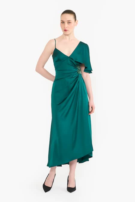 Gauri & Nainika Asymmetric Satin Draped Midi Dress 